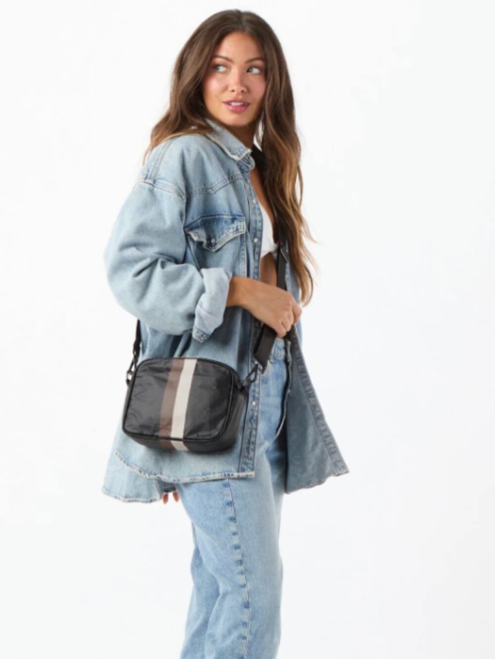 ALOHA Collection Black Crossbody Bag with Beige-White Stripe